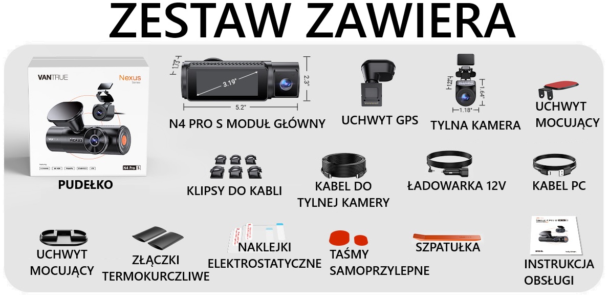 vantrue n4 pro s zestaw zawaiera